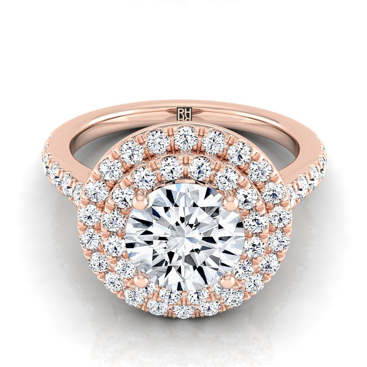 Round Brilliant, Double Pavé Halo Linear Band, in 14K Rose Gold, pave setting | RockHer