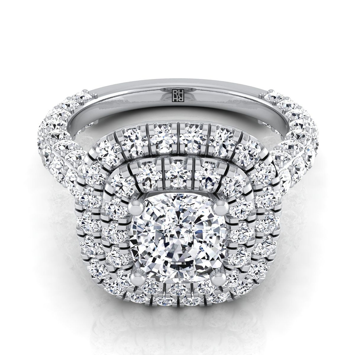 14K White Gold Cushion Diamond Bold and Fancy Double Halo French Pave Engagement Ring -2ctw