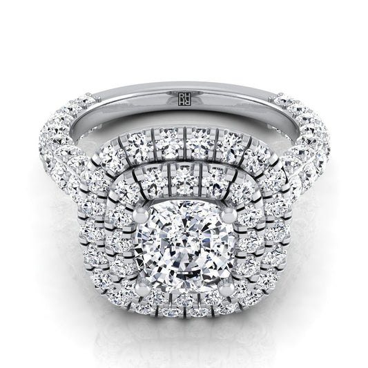 14K White Gold Cushion Diamond Bold and Fancy Double Halo French Pave Engagement Ring -2ctw