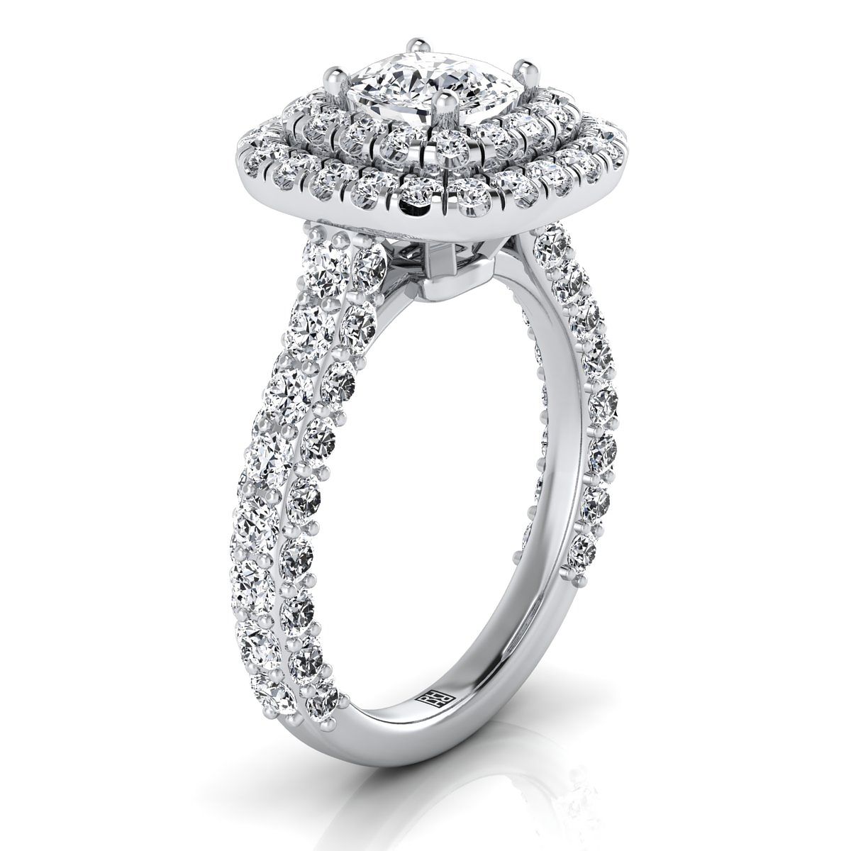 14K White Gold Cushion Diamond Bold and Fancy Double Halo French Pave Engagement Ring -2ctw