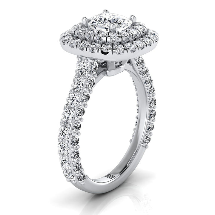 14K White Gold Cushion Diamond Bold and Fancy Double Halo French Pave Engagement Ring -2ctw