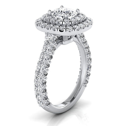 Bold Double Halo Cushion, in Platinum, pave setting – side profile | RockHer