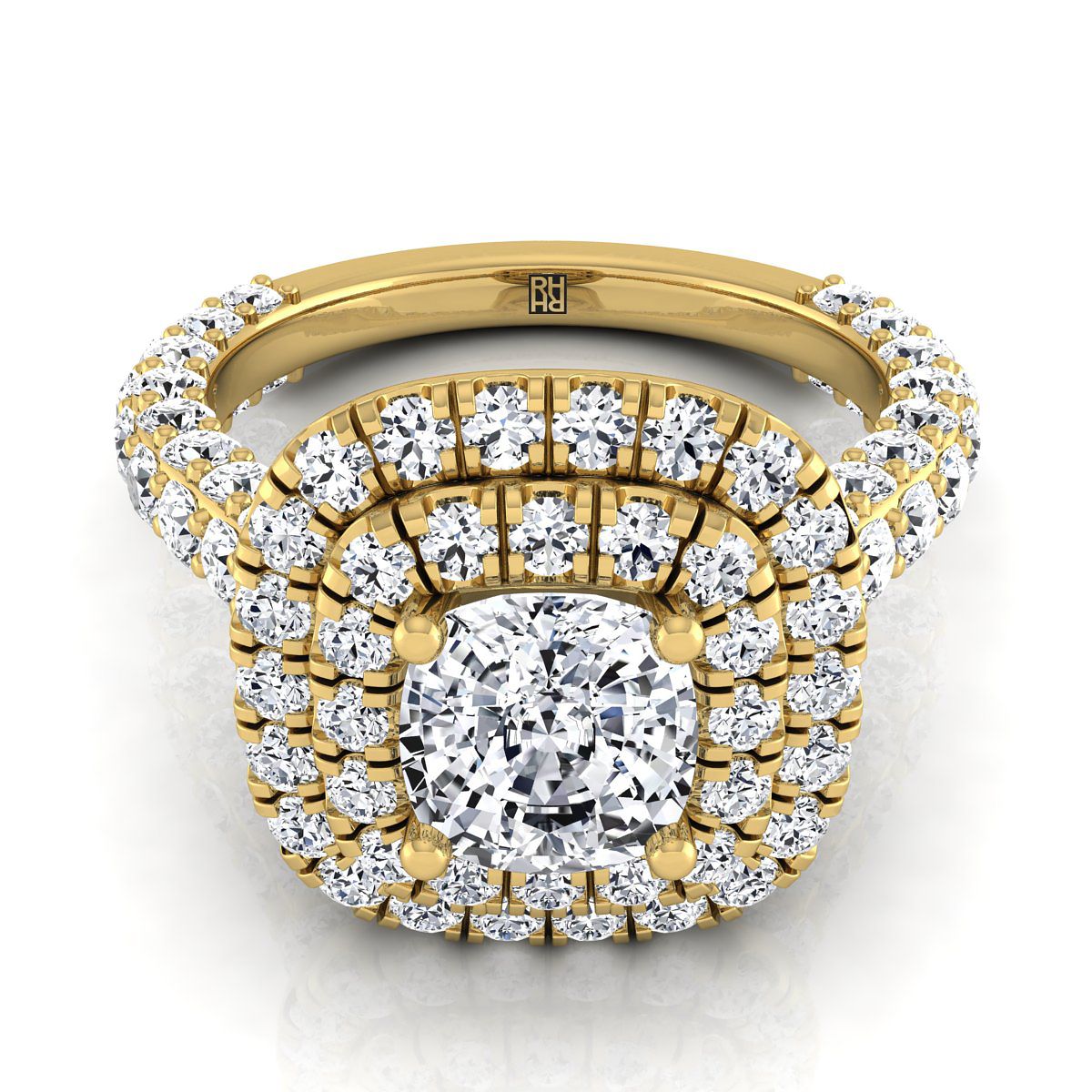 Dinah Select Double Halo Cushion Cut Lab Diamond Engagement Ring in 18K Yellow Gold | RockHer
