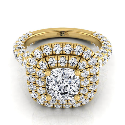 Dinah Select Double Halo Cushion Cut Lab Diamond Engagement Ring in 18K Yellow Gold | RockHer