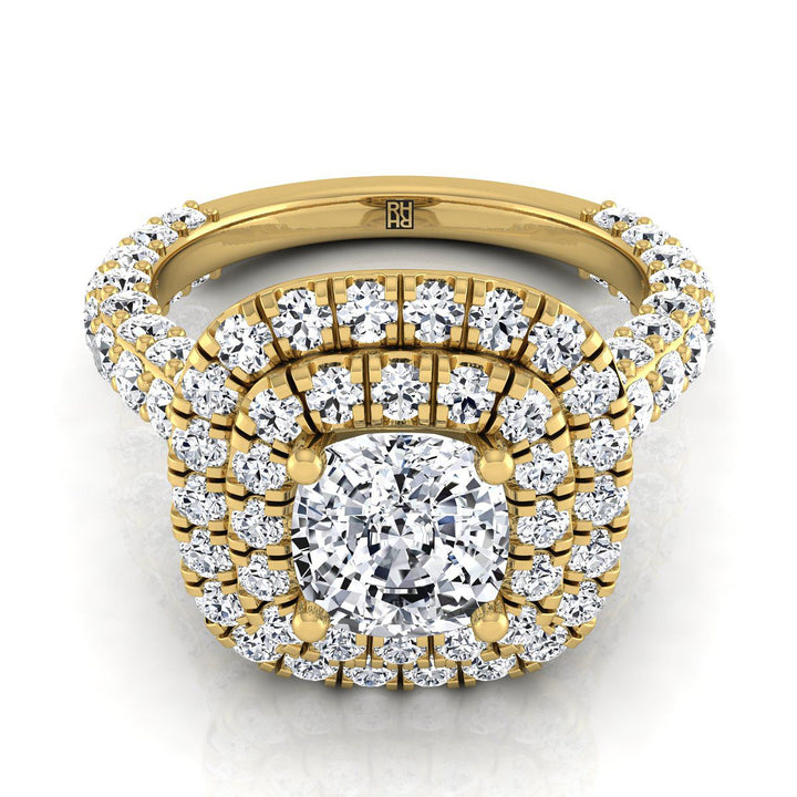 Bold Double Halo Cushion, in 18K Yellow Gold, pave setting | RockHer