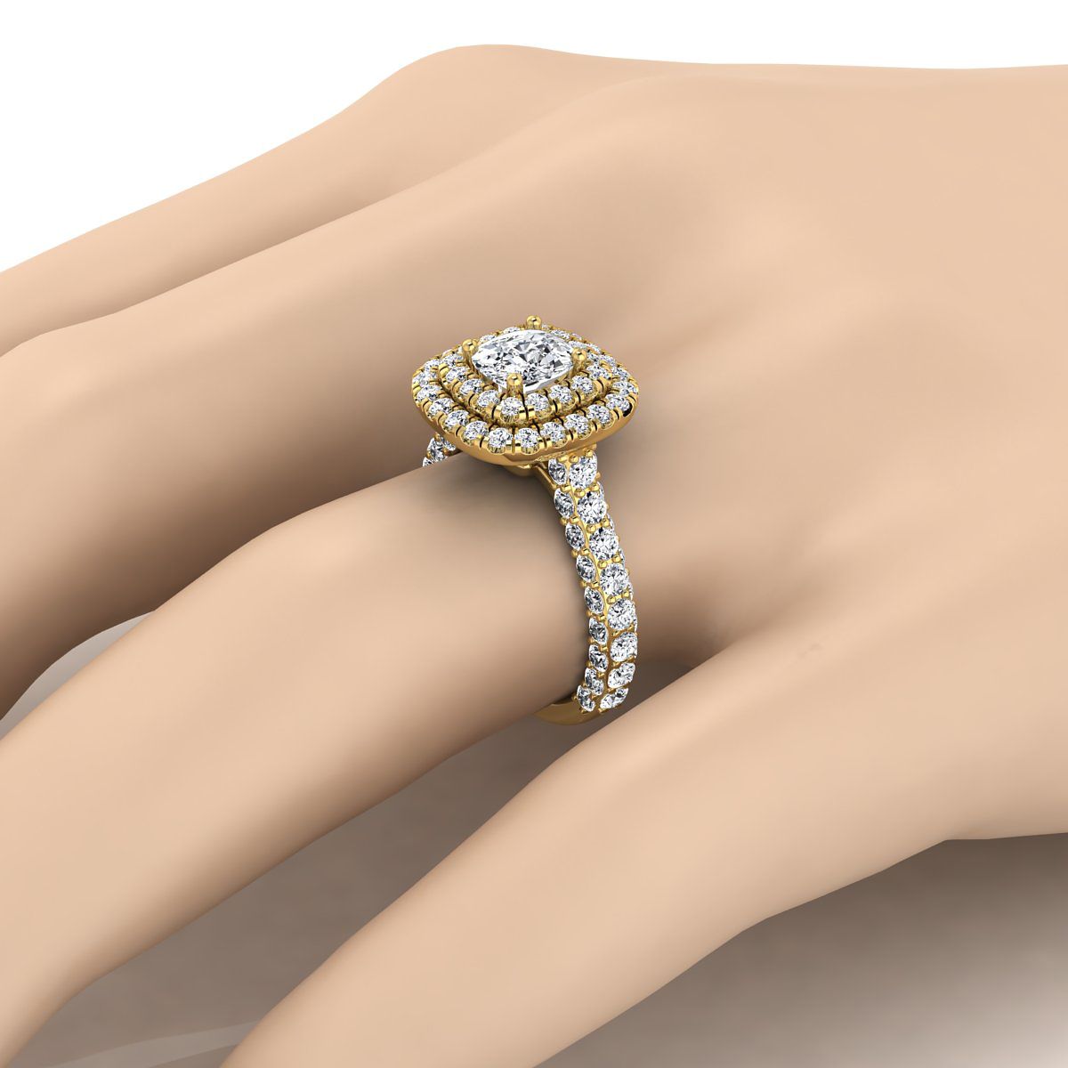 The Dinah cushion setting in 18K Yellow Gold, a select double halo cut design from RockHer