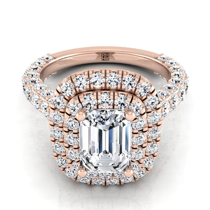 European Cut, Bold Double Halo Emerald, in 14K Rose Gold, pave setting | RockHer