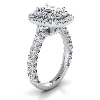 European Cut, Bold Double Halo Emerald, in Platinum, pave setting – side profile | RockHer