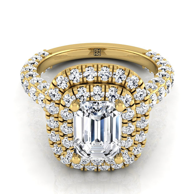 The Dinah Select Double Halo Emerald Cut Lab Diamond Engagement Ring in 18K Yellow Gold
