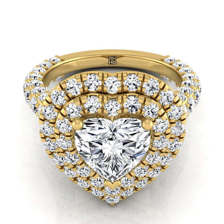 Bold Double Halo Heart Shape, in 18K Yellow Gold, pave setting | RockHer