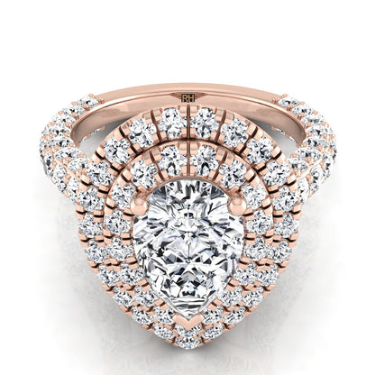 Bold Double Halo Pear Shape, in 14K Rose Gold, pave setting | RockHer