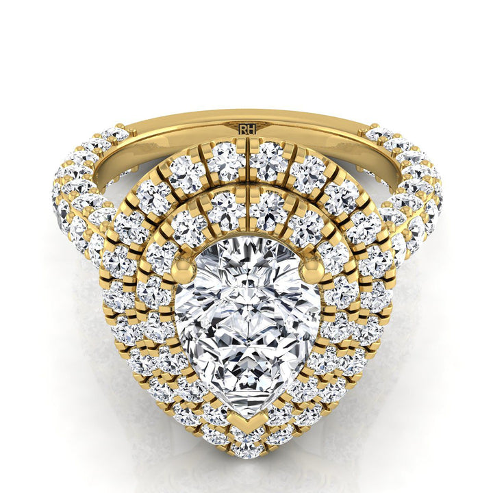 Bold Double Halo Pear Shape, in 18K Yellow Gold, pave setting | RockHer