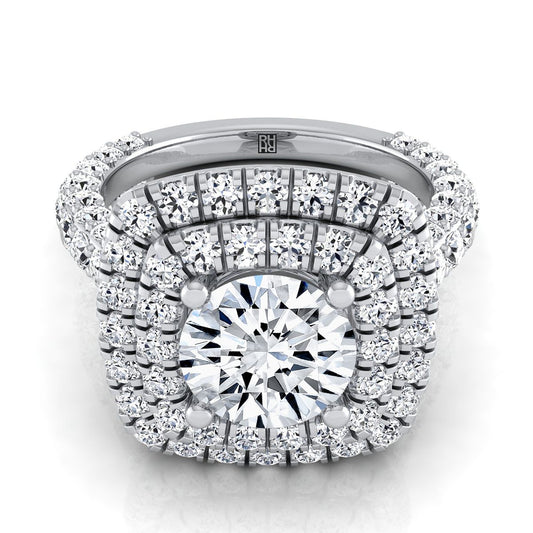 14K White Gold Round Brilliant Diamond Bold and Fancy Double Halo French Pave Engagement Ring -2ctw