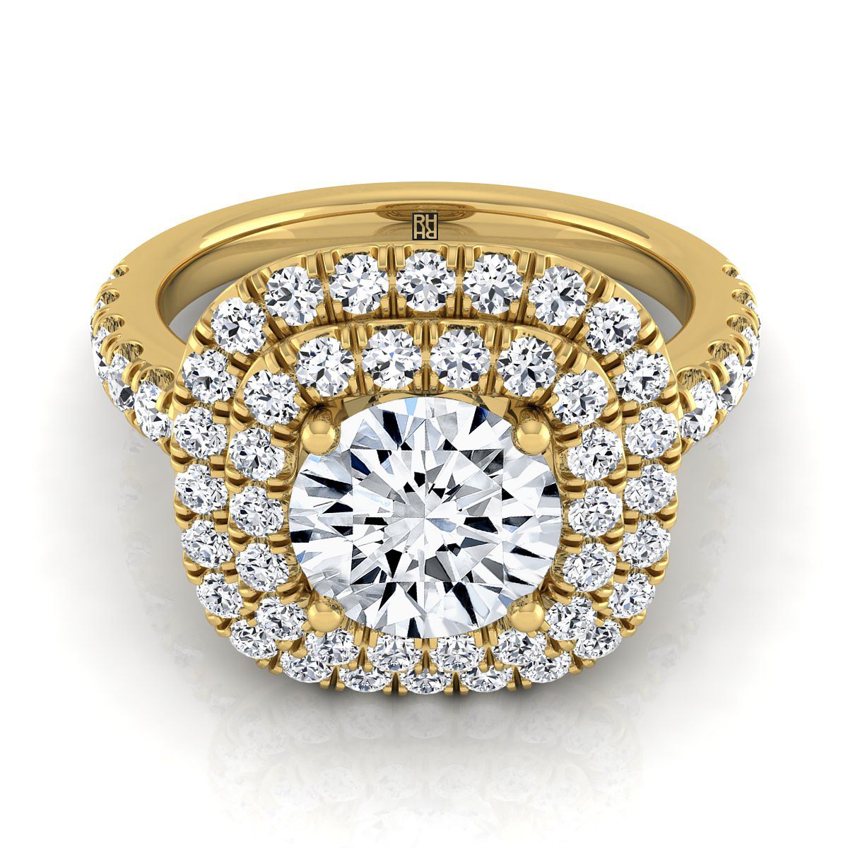 The Dixie round setting in 18K Yellow Gold, a select double halo design from RockHer