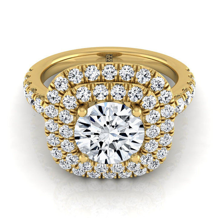 Round Brilliant, Double Halo French Pavé, in 18K Yellow Gold, pave setting – view 8 | RockHer