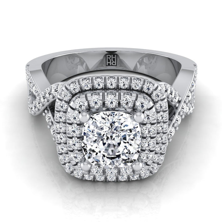 Twist Double Halo Cushion, in Platinum, pave setting | RockHer