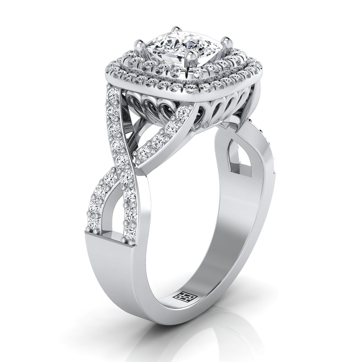 Select Double Halo Cut styling on The Macy cushion engagement ring setting | RockHer