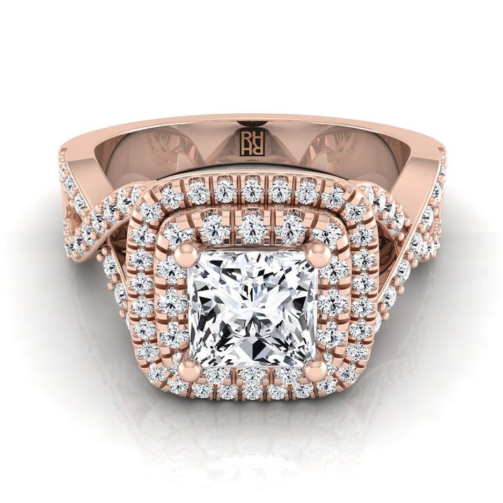 Twist Double Halo Princess, in 14K Rose Gold, pave setting | RockHer