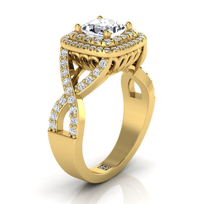 Twist Double Halo Princess, in 18K Yellow Gold, pave setting – side profile | RockHer