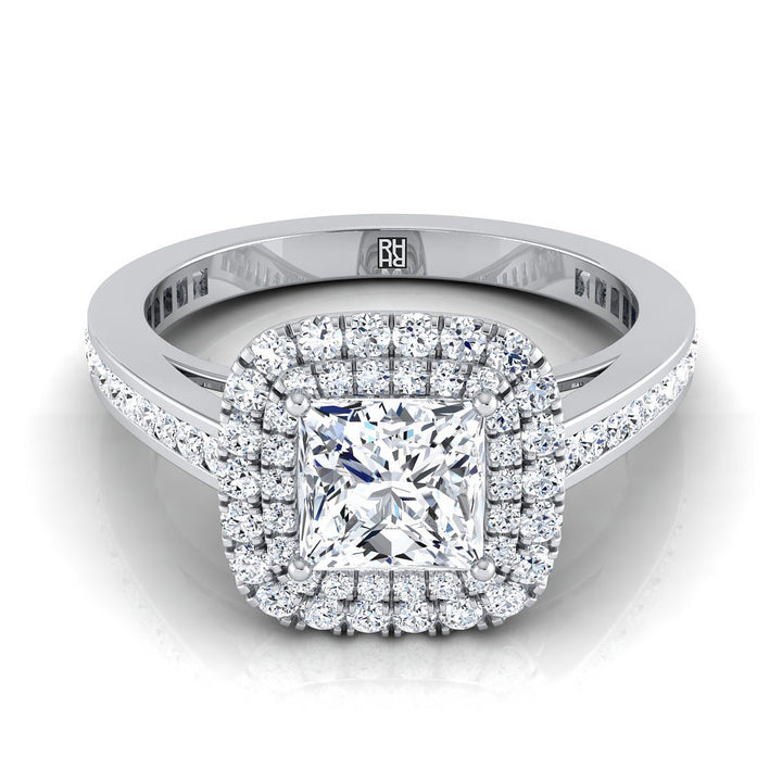 Double Halo Channel Band Princess, in 18K White Gold, pave setting – view 8 | RockHer
