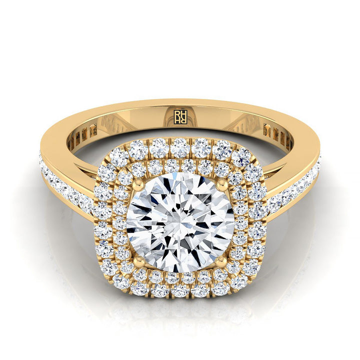 Round Brilliant, Double Halo Channel Band, in 18K Yellow Gold, pave setting | RockHer