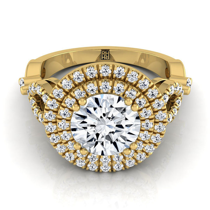 Round Brilliant, Open Side Double Halo, in 18K Yellow Gold, pave setting | RockHer