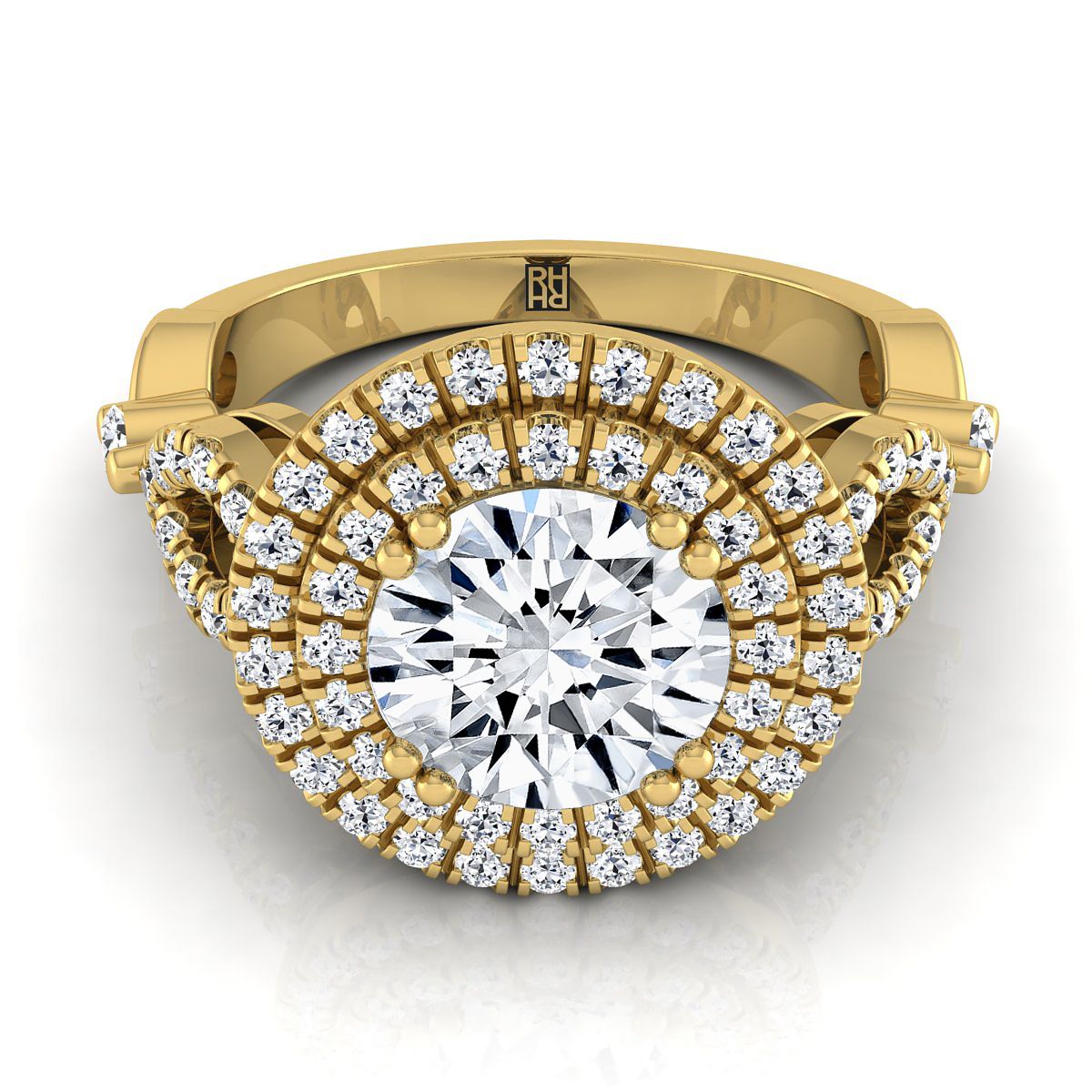 Calypso Select Double Halo Round Lab Diamond Engagement Ring in 18K Yellow Gold | RockHer