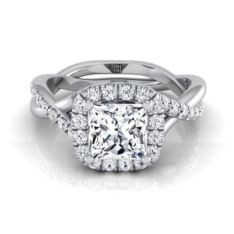 The Bell Bold Twist Pavé Halo Princess Cut Engagement Ring Setting in Platinum
