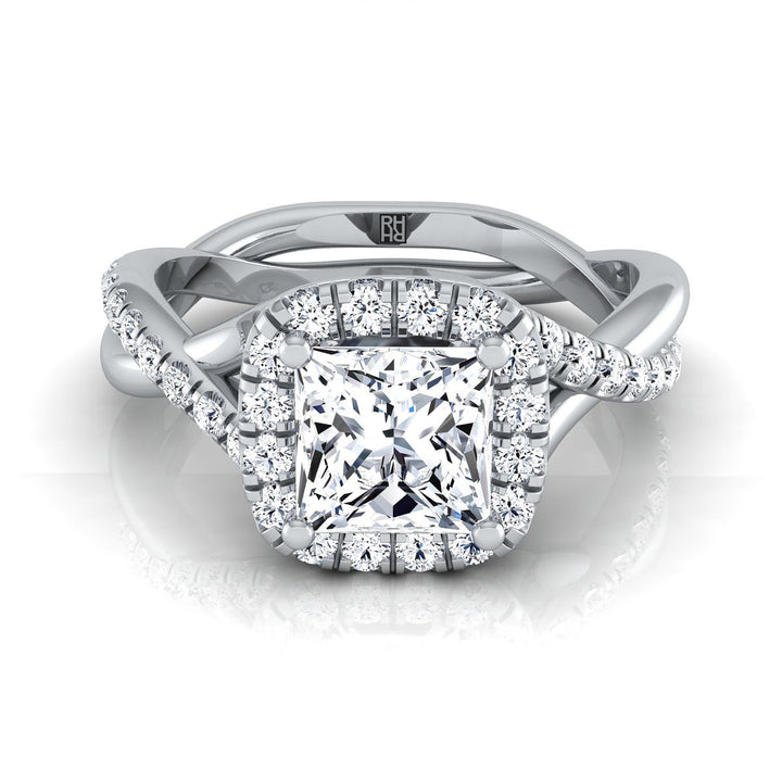 Bold Twist Pavé Halo Princess, in 18K White Gold, pave setting | RockHer