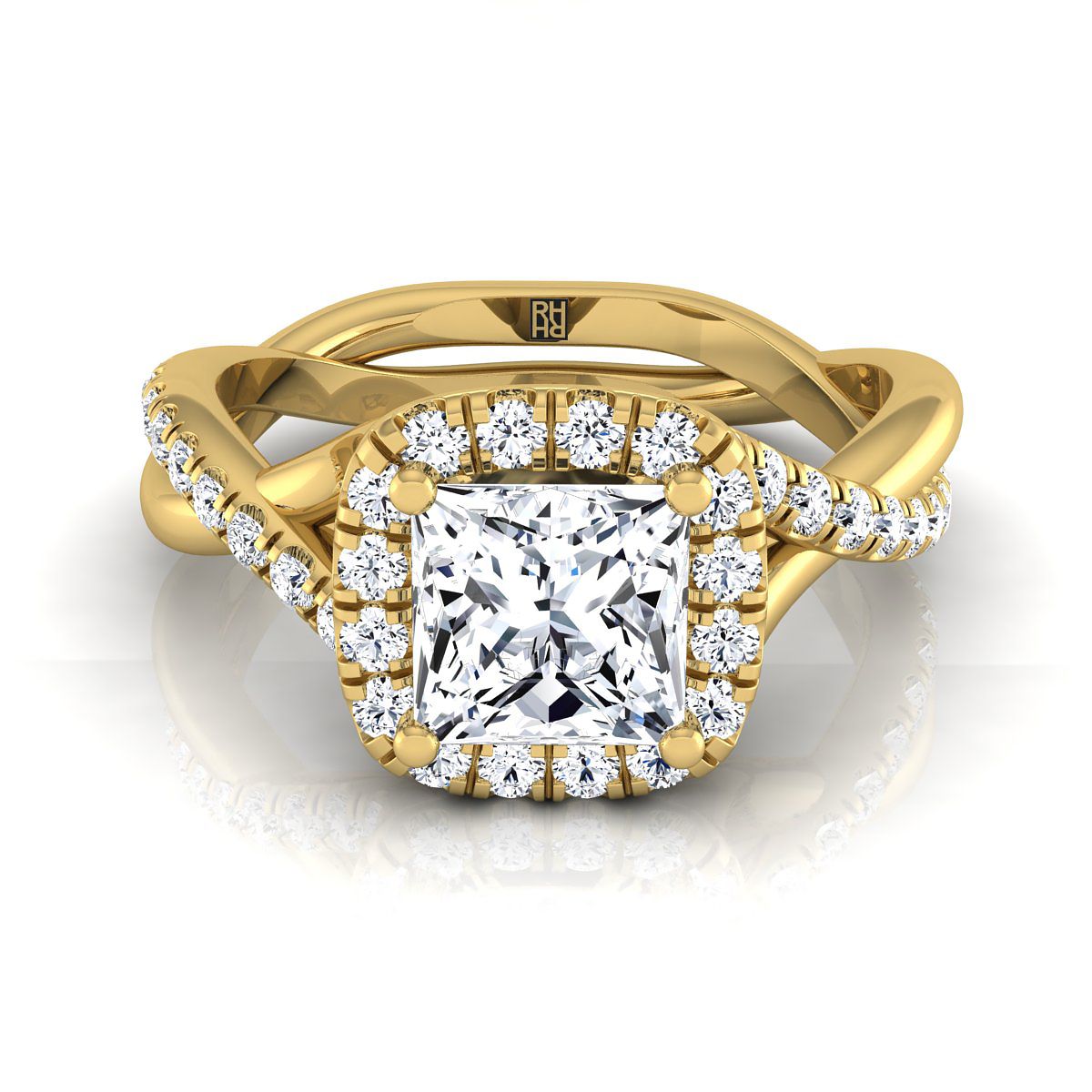 Bell Select Bold Twist Pavé Halo Princess Cut Lab Diamond Engagement Ring in 18K Yellow Gold | RockHer