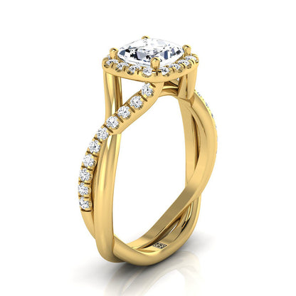 Bell Select Bold Twist Pavé Halo Princess Cut Lab Diamond Engagement Ring in 18K Yellow Gold | RockHer