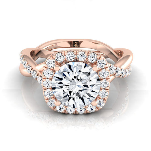 14K Rose Gold Round Brilliant Diamond Twisted Scalloped Pavé Halo Center Engagement Ring -3/8ctw