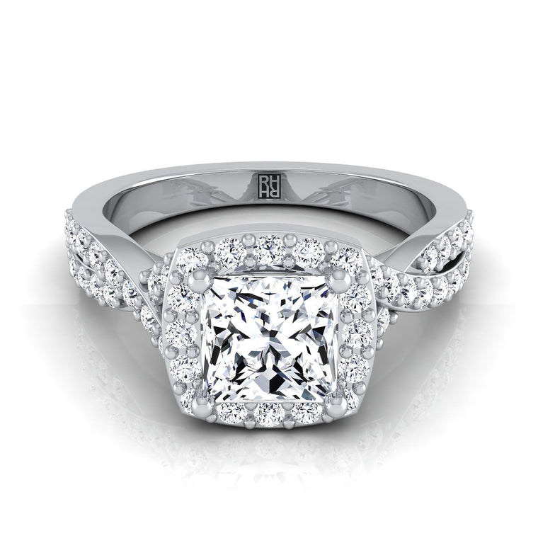 The Clementine Twisted Square Pavé Halo Princess Cut Engagement Ring Setting in 18K White Gold