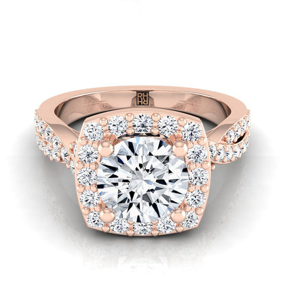 Round Brilliant, Twisted Square Pavé Halo, in 14K Rose Gold, pave setting | RockHer