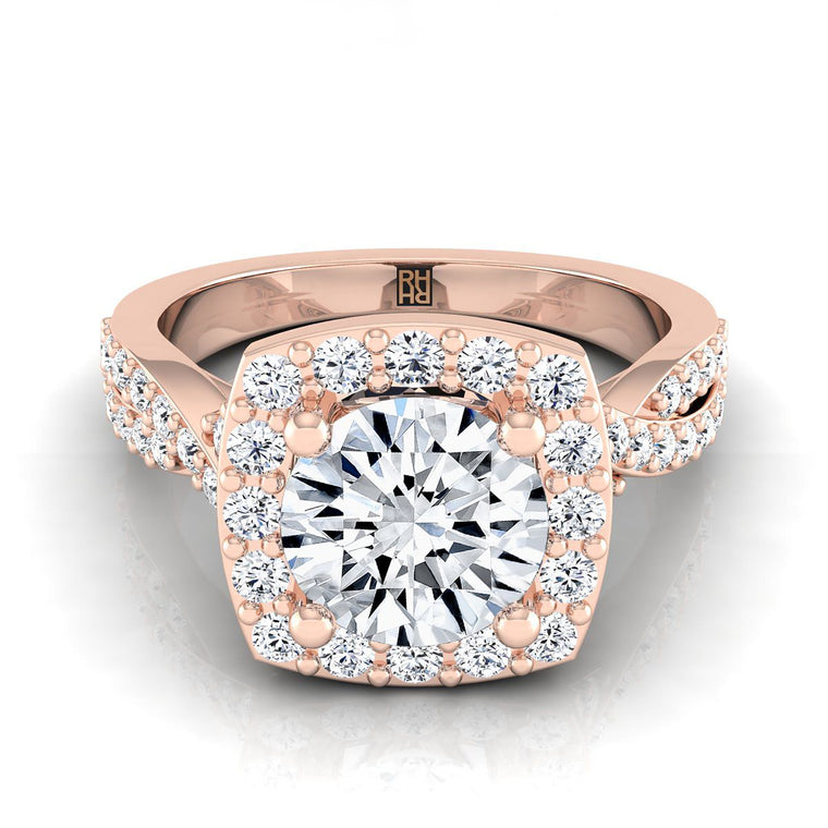 The Clementine Twisted Square Pavé Halo Round Engagement Ring Setting in 14K Rose Gold
