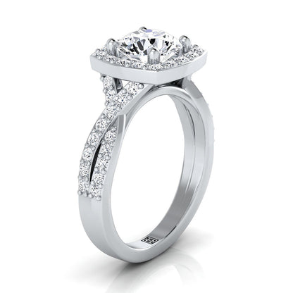 Round Brilliant, Twisted Square Pavé Halo, in Platinum, pave setting – side profile | RockHer