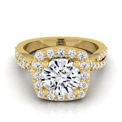 Round Brilliant, Twisted Square Pavé Halo, in 18K Yellow Gold, pave setting | RockHer