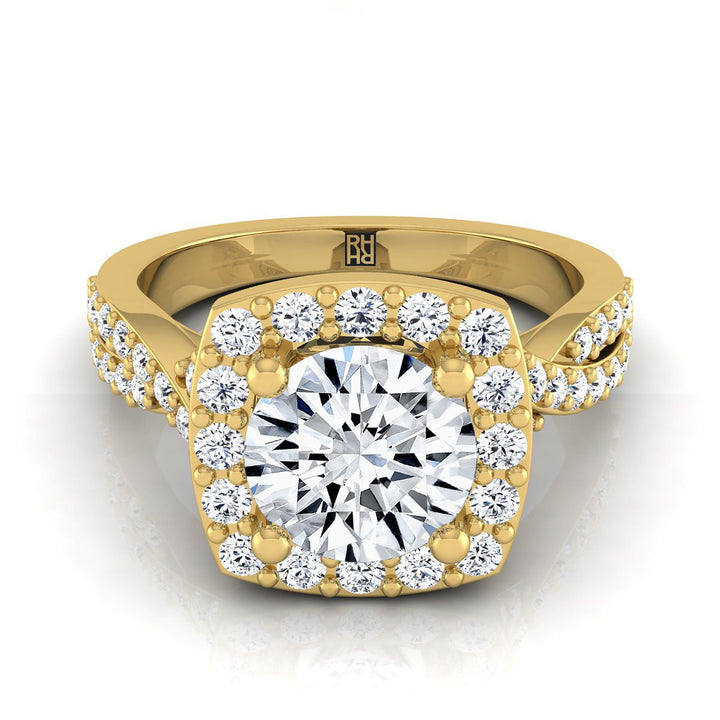 Round Brilliant, Twisted Square Pavé Halo, in 18K Yellow Gold, pave setting | RockHer
