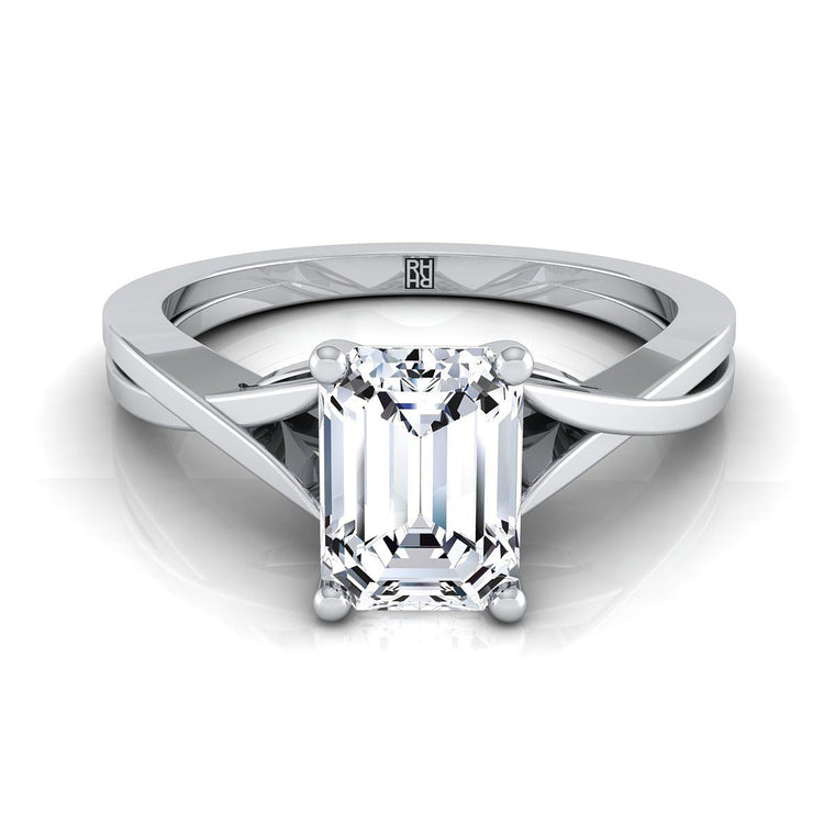 The Priscilla Delicate Twist Cathedral Solitaire Emerald Cut Engagement Ring Setting in 18K White Gold