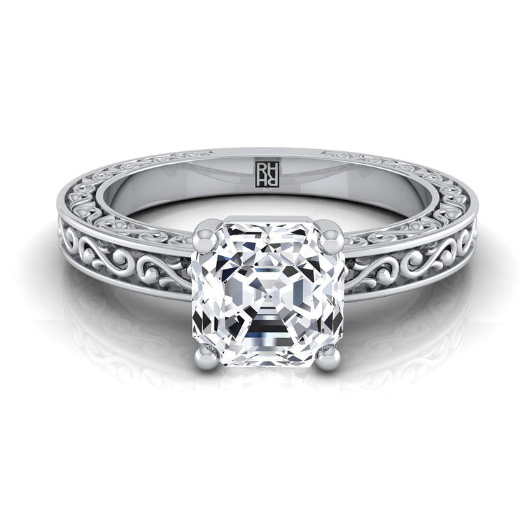 The Veronica Hand Engraved Scroll Vintage Solitaire Asscher Cut Engagement Ring Setting in Platinum