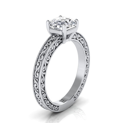 Hand-Engraved Scroll Vintage Solitaire Asscher, in 18K White Gold – side profile | RockHer