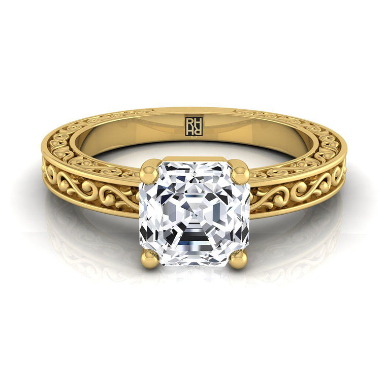 The Veronica Hand Engraved Scroll Vintage Solitaire Asscher Cut Engagement Ring Setting in 18K Yellow Gold