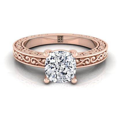 Hand-Engraved Scroll Vintage Solitaire Cushion, in 14K Rose Gold | RockHer