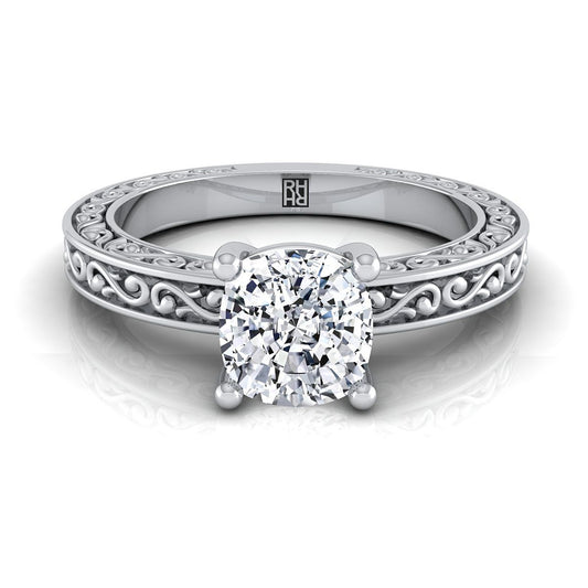 Platinum Cushion Hand Engraved Scroll Vintage Solitaire Engagement Ring