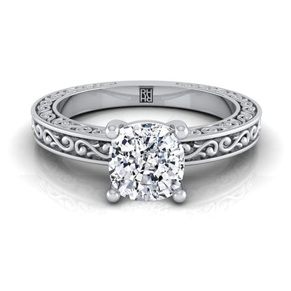 Hand-Engraved Scroll Vintage Solitaire Cushion, in 18K White Gold | RockHer