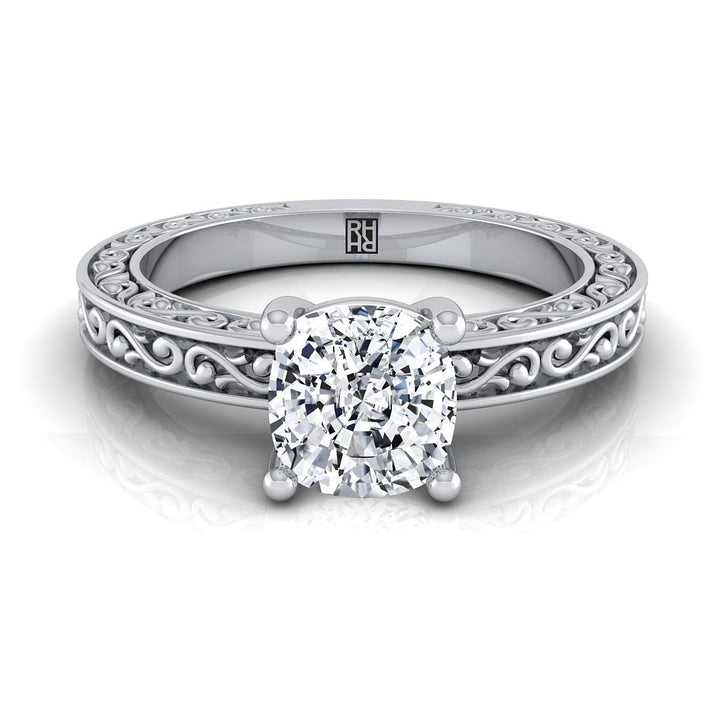 Hand-Engraved Scroll Vintage Solitaire Cushion, in 18K White Gold | RockHer