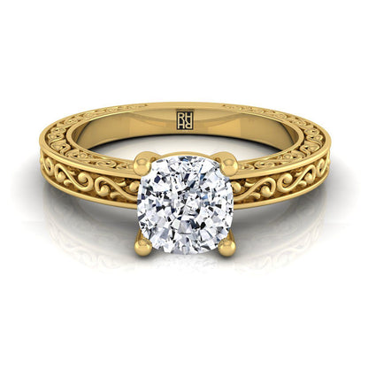 Hand-Engraved Scroll Vintage Solitaire Cushion, in 18K Yellow Gold | RockHer