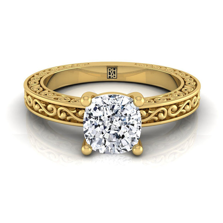 Hand-Engraved Scroll Vintage Solitaire Cushion, in 18K Yellow Gold | RockHer