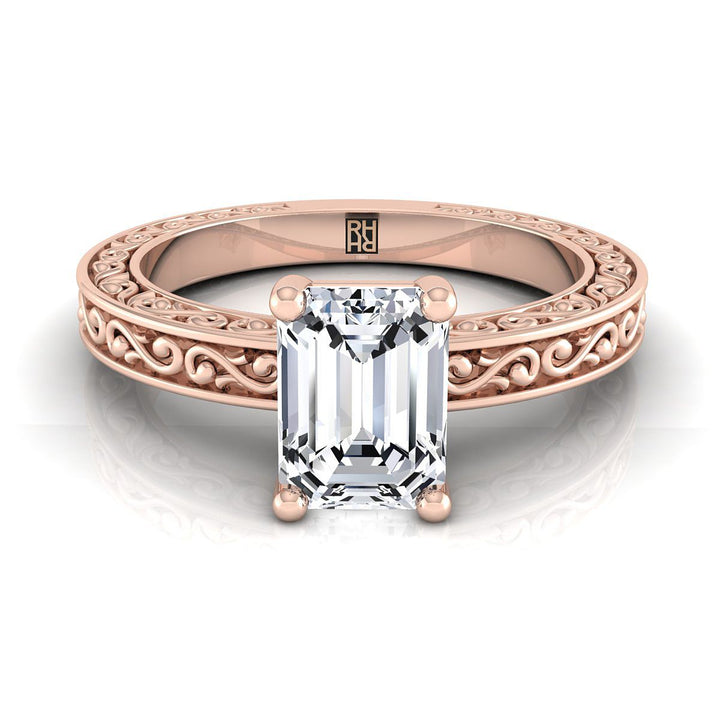European Cut, Hand-Engraved Scroll Vintage Solitaire Emerald, in 14K Rose Gold | RockHer