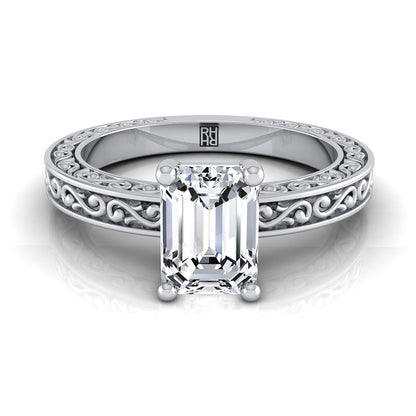 European Cut, Hand-Engraved Scroll Vintage Solitaire Emerald, in Platinum | RockHer